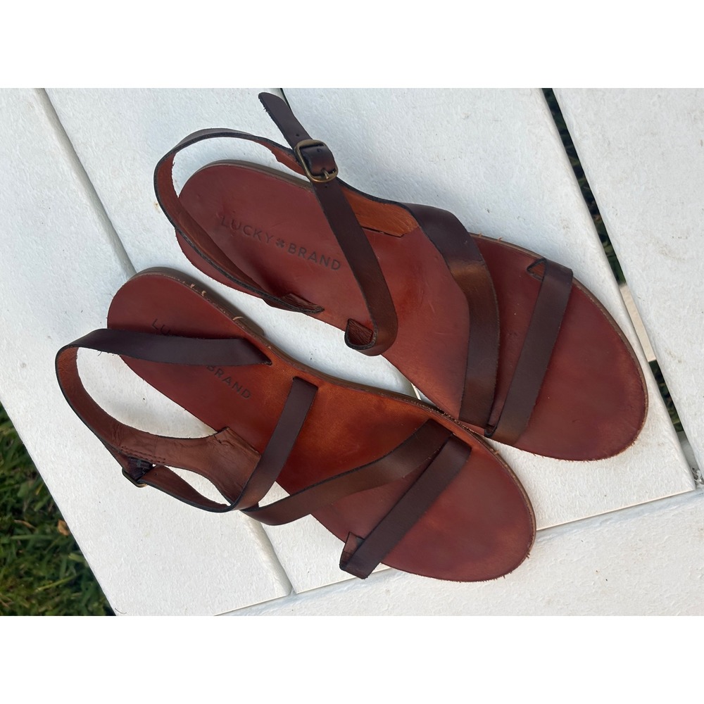 Lucky Brand Brown Leather Strappy Gladiator Ankle Strap Flat Sandals Womens Cute
